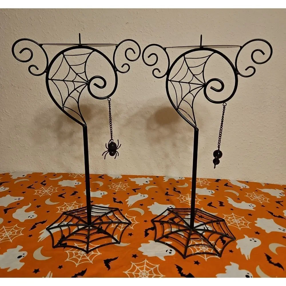 Set of 2 Halloween Spiderweb Candelabra Candle Holders